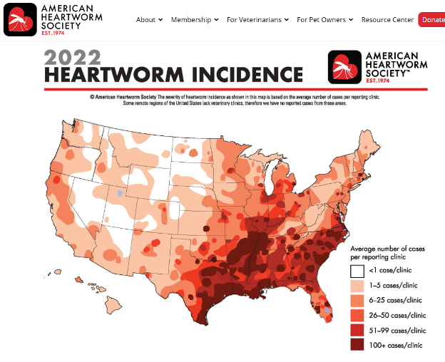 A map of heartworm incidence in the united states